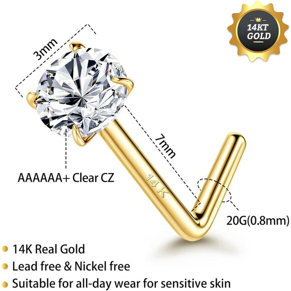 14K Real Gold Nose Rings Studs 3mm CZ Hypoallergenic Gold Piercing Jewelry - Picture 2 of 6